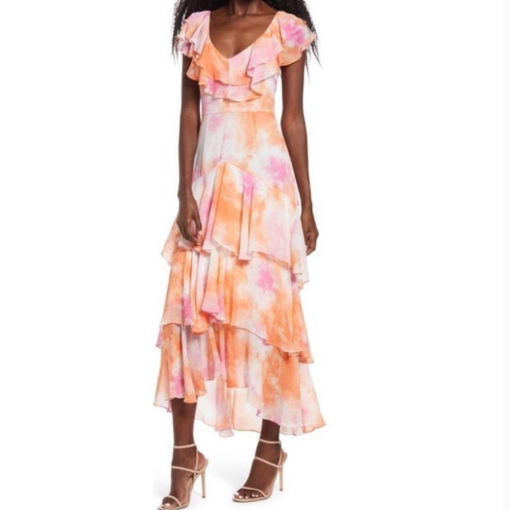 Nwt Wayf Chelsea Tiered Ruffle Maxi Dress In Passion Tie Dye